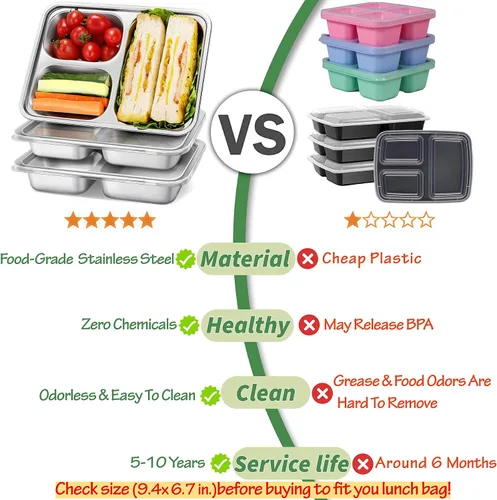 Vista 3 de Recipientes de acero inoxidable con tapas de plástico, 3 unidades, cajas Bento de 3 compartimentos, grandes y reutilizables para preparar comidas