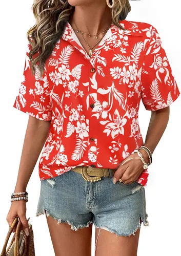 Vista 8 de LILYCHIC Camisas hawaianas de verano con botones de coco para mujer, camisas suaves con botones de manga corta A-hoja floral negra
