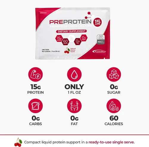 Vista 2 de PreProtein Paquetes de proteína líquida, 0.53 oz de proteína de colágeno, sin azúcar, cereza, 1 onza líquida de una sola porción, paquete de 30