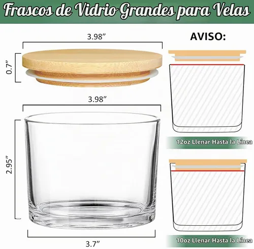 Vista 2 de SUPMIND Tarros de vela de 12 onzas para hacer velas, paquete de 8 tarros vacíos grandes de vidrio transparente con tapas de bambú y kit de mecha