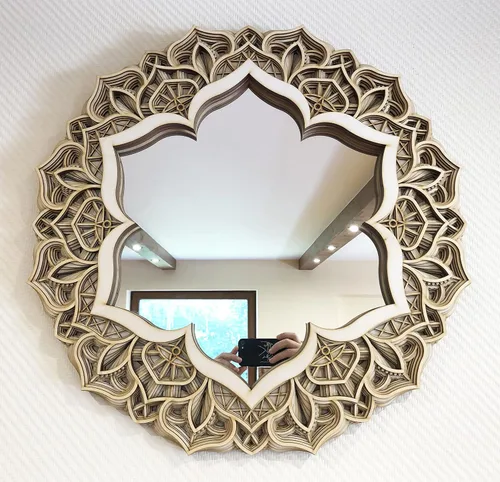 Vista 10 de BHDecor Espejo para decoración de pared para el hogar, marco tallado con láser de varias capas, elegante mandala de madera para colgar, paneles