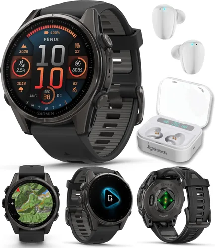 Vista 29 de Garmin Fenix 0.315 – 1.693 in Zafiro, AMOLED Multisport GPS Smartwatch, gris carbón DLC titanio con silicona negro/gris guijarro, linterna LED fenix