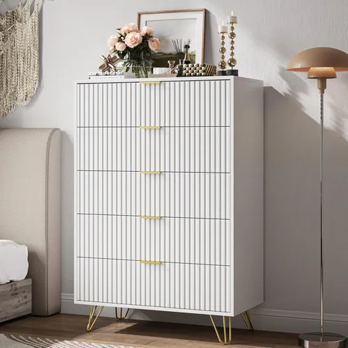 Vista 15 de MAISONARIA Cómoda negra de 3 cajones para dormitorio, cómoda moderna de armario, cómoda acanalada con asas de metal dorado, mesita de noche