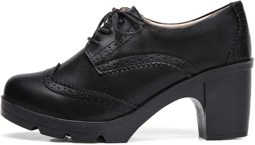 Vista 5 de DADAWEN - Zapatos clásicos de cuero para mujer, con cordones, de tacón medio cuadrado y grueso con plataforma y puntera, para pantalones oxford