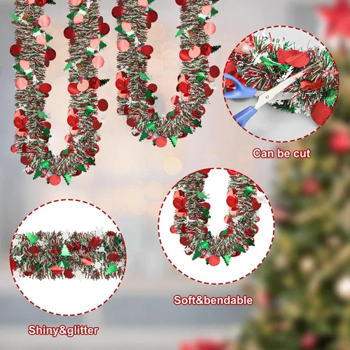 Vista 3 de Guirnalda de oropel de Navidad de 39 pies para decoración de árbol de Navidad, guirnalda metálica con purpurina y copo de nieve para colgar