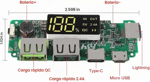 Vista 4 de 3 piezas Cargador de batería de litio placa LED Dual USB 5V 2.4A Micro/Tipo-C USB Banco de energía móvil 18650 Módulo de carga Protección de circuito