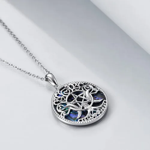Vista 4 de YFN Collar de diosa de triple luna plata de ley pentagrama pentagrama ópalo pagano wiccano magia amuleto de árbol de la vida joyería para mujeres