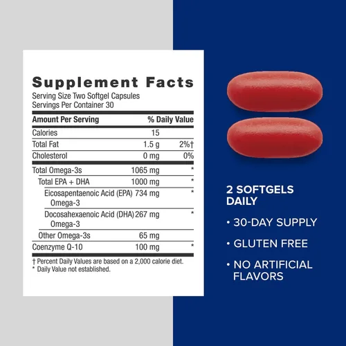 Vista 5 de GNC Aceite de pescado de triple fuerza más suplemento CoQ10 Omega 3, 1000 mg de EPA y DHA, 100 mg CoQ10, salud cardíaca y circulatoria, además
