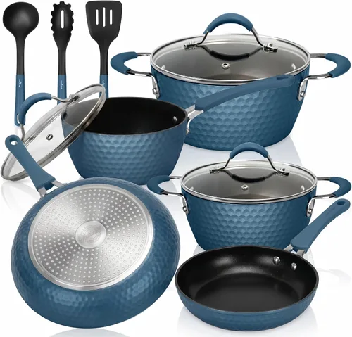 Vista 9 de NutriChef Juego de ollas y sartenes de 11 piezas, juego de utensilios de cocina antiadherentes con revestimiento de cerámica, asas frías al tacto