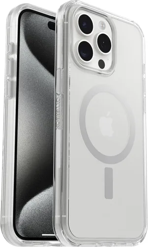 Vista 5 de OtterBox Funda transparente para iPhone 15 Pro MAX (solamente) de la serie Symmetry (transparente), se ajusta a MagSafe, ultra suave, bordes
