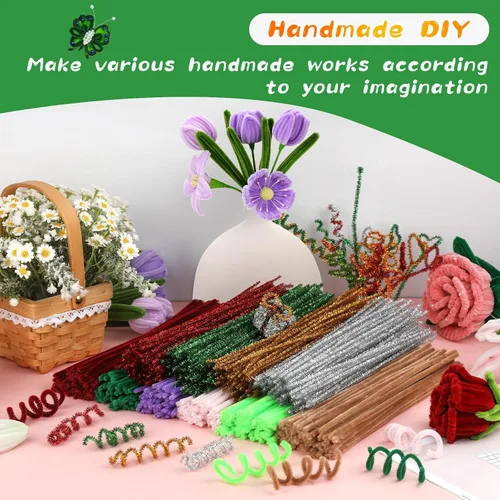 Vista 7 de ZXIIXZ Limpiapipas creativas, 100 piezas de limpiapipas, suministros para festivales, decoración de flores, festivales, ramos, plantas, Verde militar