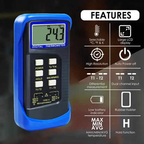 Vista 2 de Termómetro de termopar digital tipo K de doble canal Termómetro HVAC Medidor de temperatura con 4 termopares, medición de temperatura MAX/MIN/PROM