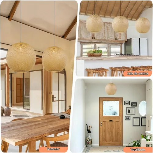 Vista 4 de Arturesthome Luces Colgantes de Bambú de 15.7", Candelabro de Mimbre Redondo, Pantalla de Lámpara de Canasta Boho Tejida a Mano, Luz de Techo