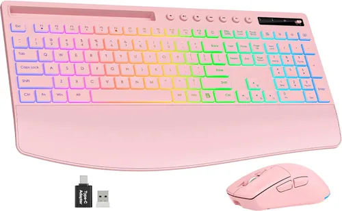 Vista 11 de Trueque Combo de teclado y mouse inalámbricos, teclado retroiluminado recargable de 4000 mAh con reposamuñecas y soporte para teléfono, escritura