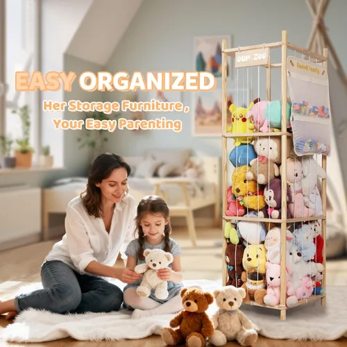 Vista 6 de Organizador de almacenamiento de animales de peluche, soporte grande de madera para juguetes de zoológico con bolsillos, peluches, almacenamiento