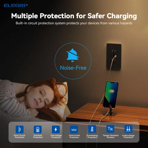 Vista 4 de ELEGRP Tomacorrientes USB, 30 W 6.0 Amp USB C, toma de pared USB de 3 puertos, toma de corriente resistente a manipulaciones de 15 amperios con 2