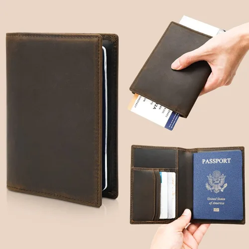 Vista 6 de Cartera de viaje para pasaporte para hombre, funda de pasaporte de cuero, con bloqueo Rfid, soporte para pasaporte para parejas, para 2, Porta