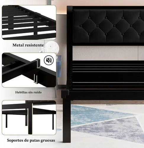 Vista 5 de Feonase Marco de cama de metal tamaño doble con cabecera capitoné de cuero sintético con botones, marco de cama tipo plataforma resistente