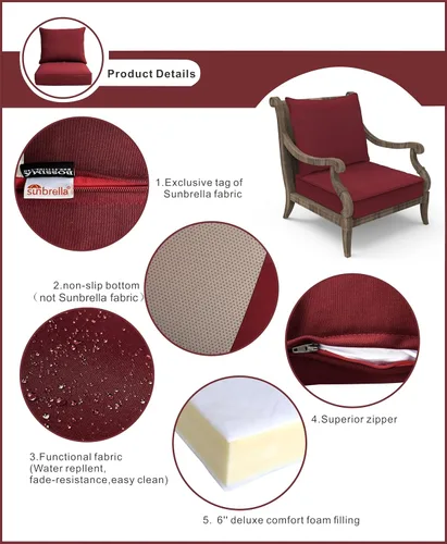 Vista 3 de Cojín para muebles de exterior, cojines para silla de asiento profundo de patio, asiento de espuma, tela Sunbrella, 24 x 24 pulgadas, lona borgoña