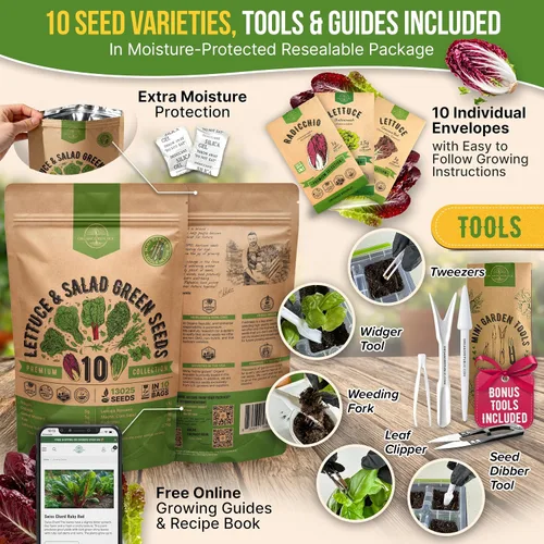 Vista 3 de Organo Republic Paquete de Variedad de 10 Semillas de Lechuga y Verduras para Ensalada 13000+ Semillas de Lechuga Reliquia Sin OMG para Plantar