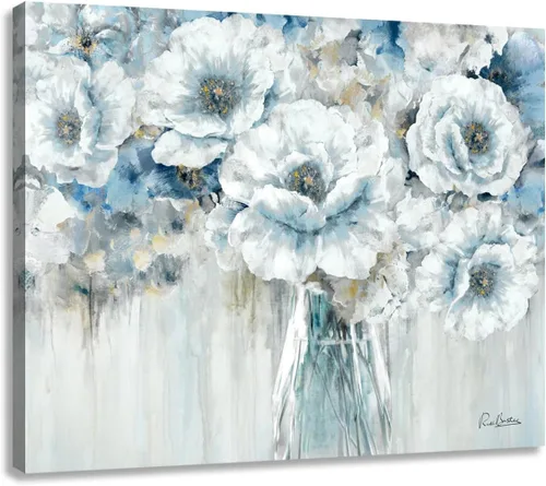Vista 21 de Cuadro de flores para sala de estar, arte de pared floral azul y blanco sobre lienzo con detalles dorados para decoración de dormitorio gris, 32 x