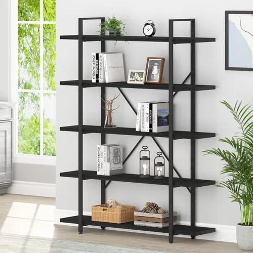 Vista 19 de HSH - Estantería de 3 niveles en negro, estanterías de almacenamiento pequeñas de metal y madera industriales, estanterías modernas abiertas de 3