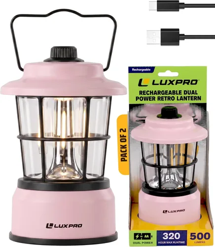 Vista 15 de LUXPRO LP1536 Linterna retro recargable de 500 lúmenes de doble potencia LED linterna de campamento (rosa, 1 paquete, recargable)