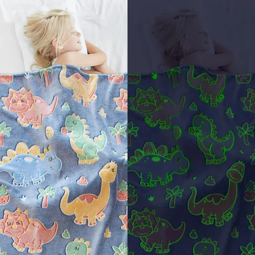 Vista 3 de Gdindff Bonita manta infantil que brilla en la oscuridad con diseño de dinosaurio para niños, de franela que brilla en la cama, sofá, sofá, manta
