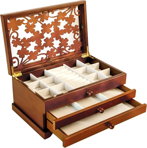Vista 8 de Kendal Joyero de madera, joyero de 3 capas para mujer, organizador de joyas, estuche de almacenamiento de joyas de madera para collares, aretes
