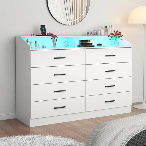 Vista 18 de Gyfimoie Cómoda de 6 cajones con toma de corriente, cómoda con luz LED, cómoda moderna con cubículo de almacenamiento abierto, organizador de Negro