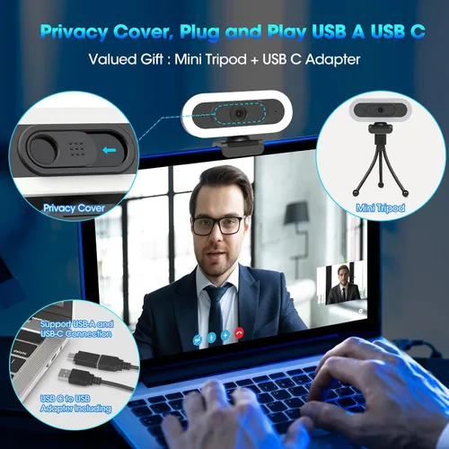 Vista 9 de Cámara web de transmisión ToLuLu 2K 50FPS, cámara web LED RGB con micrófono y luz, cámara de computadora con enfoque automático con cubierta