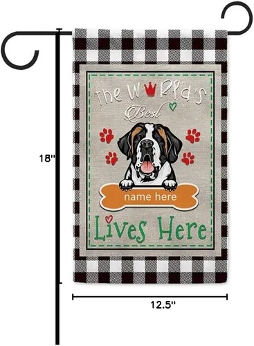 Vista 8 de The World's Best Dog Garden Flag Saint Bernard Dog Lives Here Bone Paw Buffalo Plaid Check 12.5x18 pulgadas Decoración exterior de patio de doble