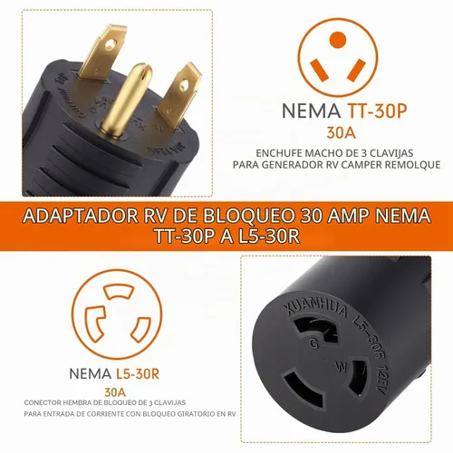 Vista 3 de Kanayu NEMA TT-30P a L5-30R Adaptador RV de 30 amperios, enchufe de bloqueo Negro