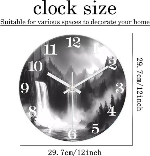Vista 5 de XNM Relojes de Pared de Paisaje Natural para Baño, Funciona con Pilas, 30.5 cm, Negro y Blanco, Redondo, Silencioso, sin Tictac, de Vidrio, Pequeño