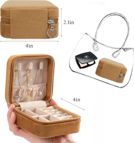 Vista 5 de GUKA Joyero de viaje de terciopelo de felpa, estuche de viaje para joyas, pequeñas cajas organizadoras portátiles para anillos, aretes, collares
