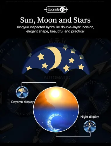 Vista 5 de OLEVS Relojes automáticos para hombre de cuerda automática reloj de pulsera calendario multifunción botón oculto pantalla de sol luna impermeable