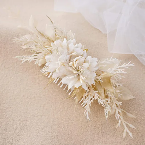 Vista 2 de Peineta de flores para novia - Peineta de flores blancas hecha a mano para accesorios florales para el cabello de boda para novia, dama de honor