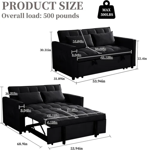 Vista 2 de Sofá cama convertible 3 en 1, sofá biplaza reclinable de dos plazas con respaldo ajustable y bolsillo lateral, sofá lounge de terciopelo con cama