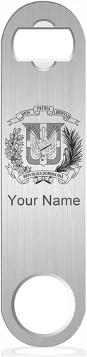 Vista 10 de LaserGram Abrebotellas, escudo de armas República Dominicana, grabado personalizado incluido (cuero sintético, negro y dorado)