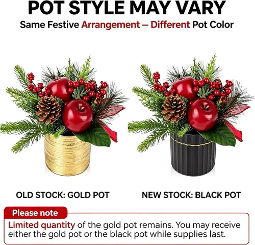 Vista 2 de Mini árbol de Navidad, árbol de Navidad artificial en maceta con manzanas, piñas, bayas, cinta, pequeños arreglos florales navideños de mesa