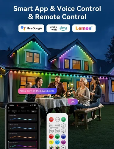 Vista 5 de Luces permanentes para exteriores, 200 pies inteligentes IC+RGB luces de Navidad para exteriores con 144 LED, IP67 impermeable LED aleros