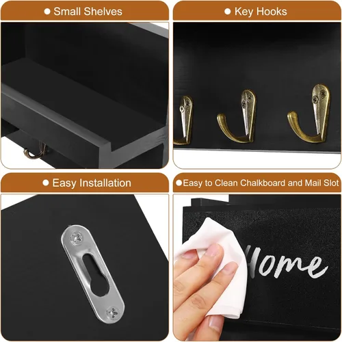 Vista 3 de Estante decorativo para colgar llaves con 8 ganchos, fácil de instalar, soporte de madera natural para llaves y correo para montaje en pared