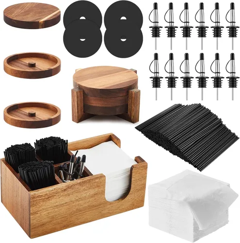 Vista 11 de Mifoci Herramienta de Barman Rimadora de Vasos de Madera de Acacia de 3 Niveles con 12 Vertedores Clásicos de Acero Inoxidable para Botellas
