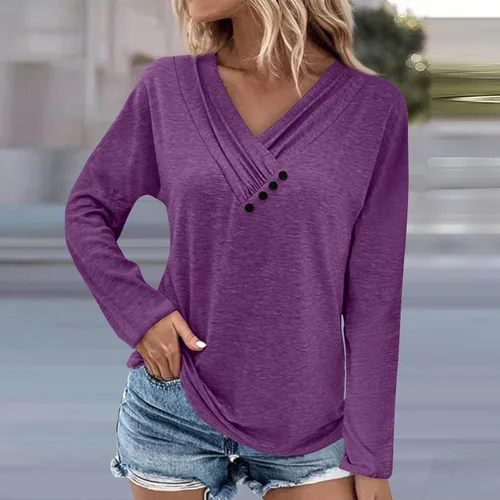 Vista 2 de Blusas de otoño con botones para mujer, blusas de manga larga con cuello en V, blusas elegantes de manga larga para usar con leggings