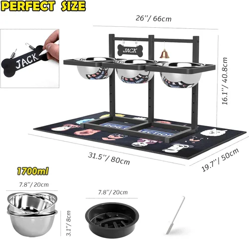 Vista 3 de Soporte elevado para perros medianos y grandes con comedero lento y tapete, altura ajustable de 3.9, 5.5, 7.1, 8.7, 10.2, 11.8 pulgadas, comederos