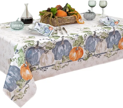 Vista 4 de Newbridge Blue Pumpkin Vines - Juego de 4 manteles individuales de tela con bordes lavados a piedra, Acción de Gracias y otoño, juego de 4 manteles