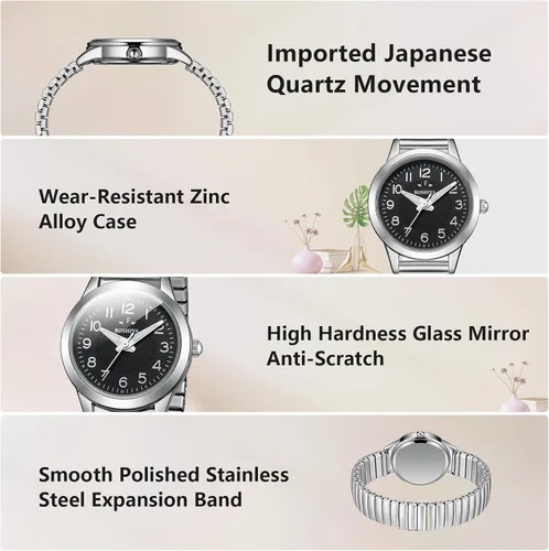 Vista 3 de BOSHIYA Reloj con banda elástica para mujer Easy Reader de 1.181 in analógico de cuarzo con correa elástica de acero inoxidable, impermeable, reloj