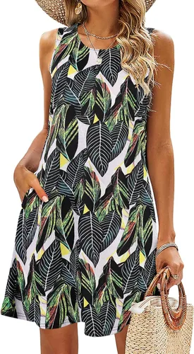 Vista 8 de SimpleFun - Vestidos de verano para mujer, camiseta floral, vestido de playa de estilo bohemio, informal, con bolsillos y sin mangas