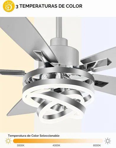 Vista 6 de Modernos ventiladores de techo de 52 pulgadas con luces, color plateado Remote/APP, 3 Adjustable Rings, 2550ML, 3000-6000K, Reversible DC Motor