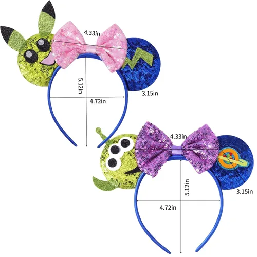 Vista 6 de Jaqakid Diademas de alienígena con orejas de ratón, diadema para fiestas de juguetes, diadema para fiestas temáticas, lentejuelas, lazos de belleza